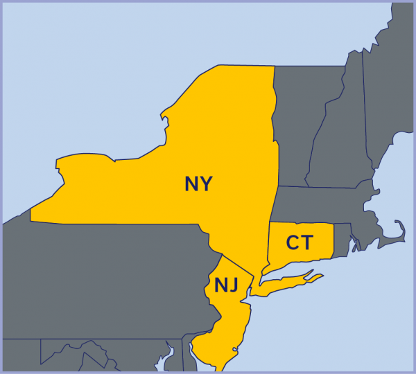 Map of Northeast USA with NY, CT, and NJ highlighted.