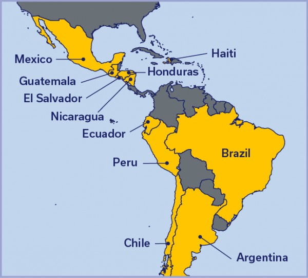 Map of Latin America with Mexico, Guatemala, Haiti, Honduras, Nicaragua, Brazil, Peru, Ecuador, Chile, and Argentina highlighted.