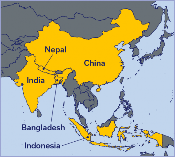 Map of South Asia with India, Bangladesh, Nepal, China, and Indonesia highlighted.