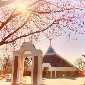 Egan Chapel, early spring, blossoms