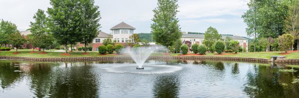 photo of lake with fountain and building in background